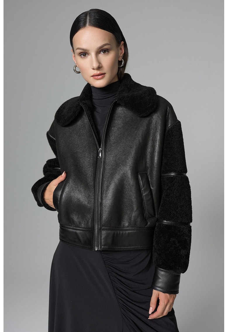 Кожено яке с мерино и свободна кройка - Черен AA Vesa