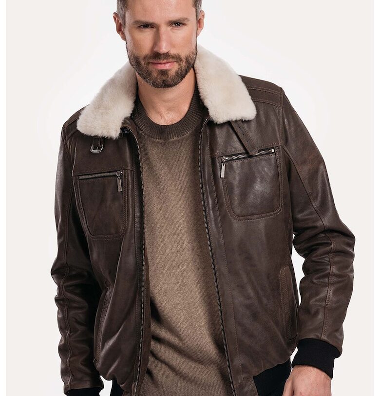 Кожено яке с яка от еко пух - Тъмнокафяв Gerali