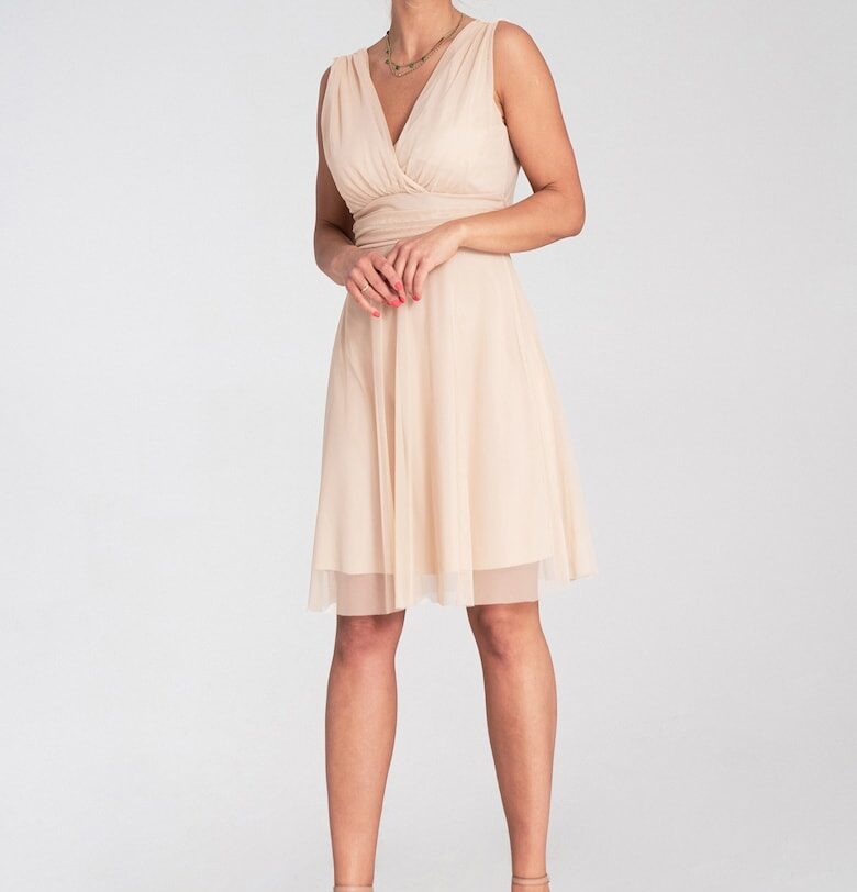 Коктейлна рокля  елегантна - мрежеста - бежова - SM Figl