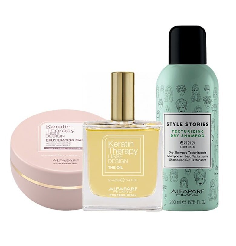 Комплект  Lisse Design Keratin Therapy Rehydrating Mask 200 ml - сух шампоан Style Stories 200 ml и Elixir олио с кератин за коса - 50 ml Alfaparf