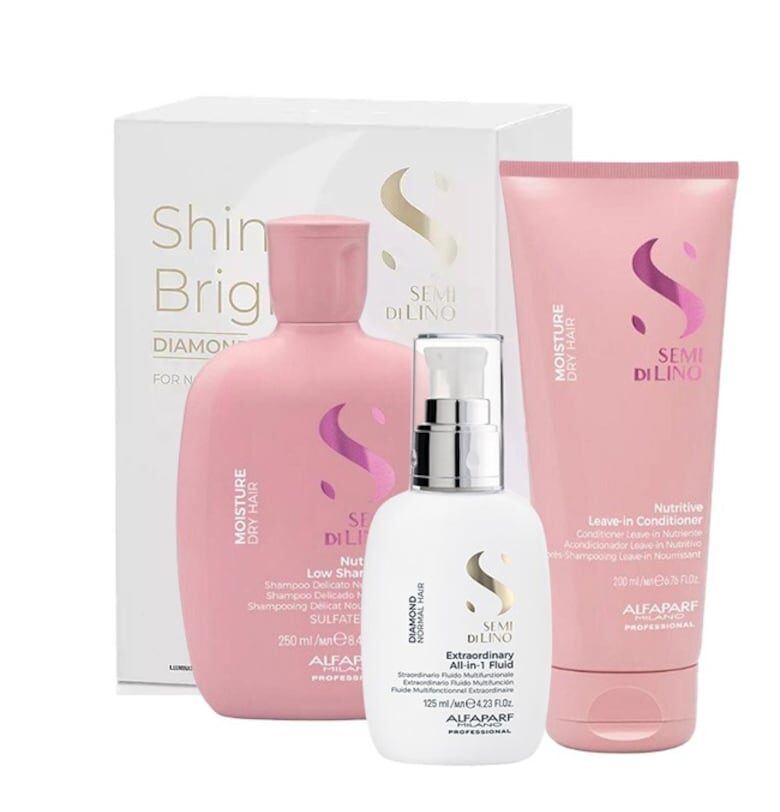 Комплект  Semi Di Lino Moisture Nutritive Shampoo - 250 ml - Балсам - 200 ml и Флуид за блясък All-in-1 Diamond Illuminating - 125 ml Alfaparf