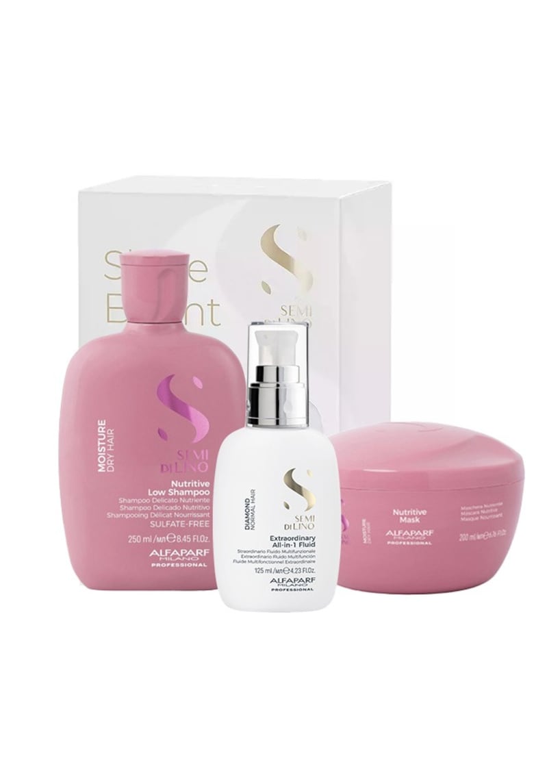 Комплект Semi Di Lino Moisture Nutritive Shampoo - 250 ml - Маска 200 ml и Флуид за блясък All-in-1 Diamond Illuminating - 125 ml Alfaparf
