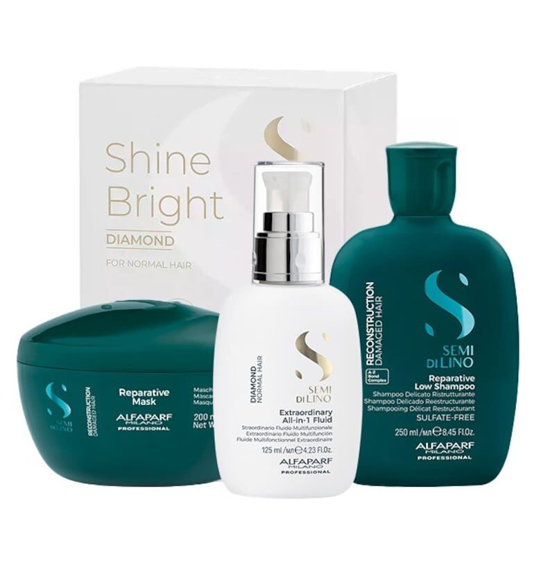 Комплект  Semi Di Lino Reconstruction Shampoo - 250 ml - Маска 200 ml и Флуид за блясък All-in-1 Diamond Illuminating - 125 ml Alfaparf