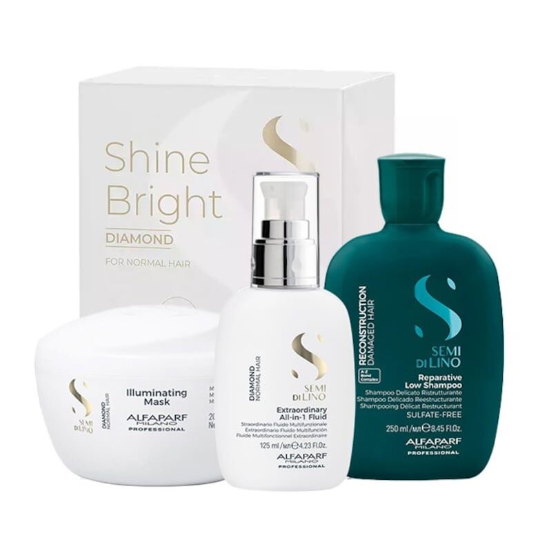 Комплект  Semi Di Lino Reconstruction Shampoo - 250 ml и Diamond Illuminating Shine маска за коса - 200 ml и All-in-1 Diamond Illuminating Shine Fluid - 125 ml Alfaparf