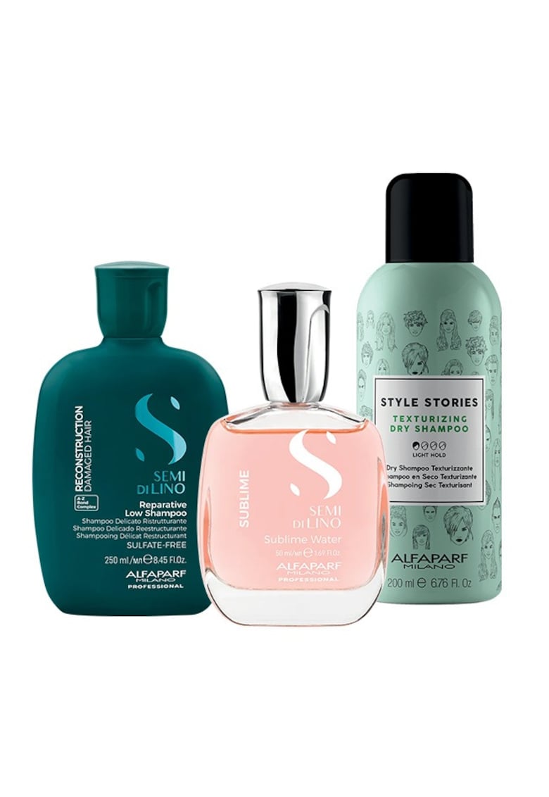 Комплект Semi Di Lino Reconstruction Shampoo - 250 мл - сух шампоан Style Stories 200 мл - парфюмирана вода за коса и тяло Sublime Water 50 мл Alfaparf