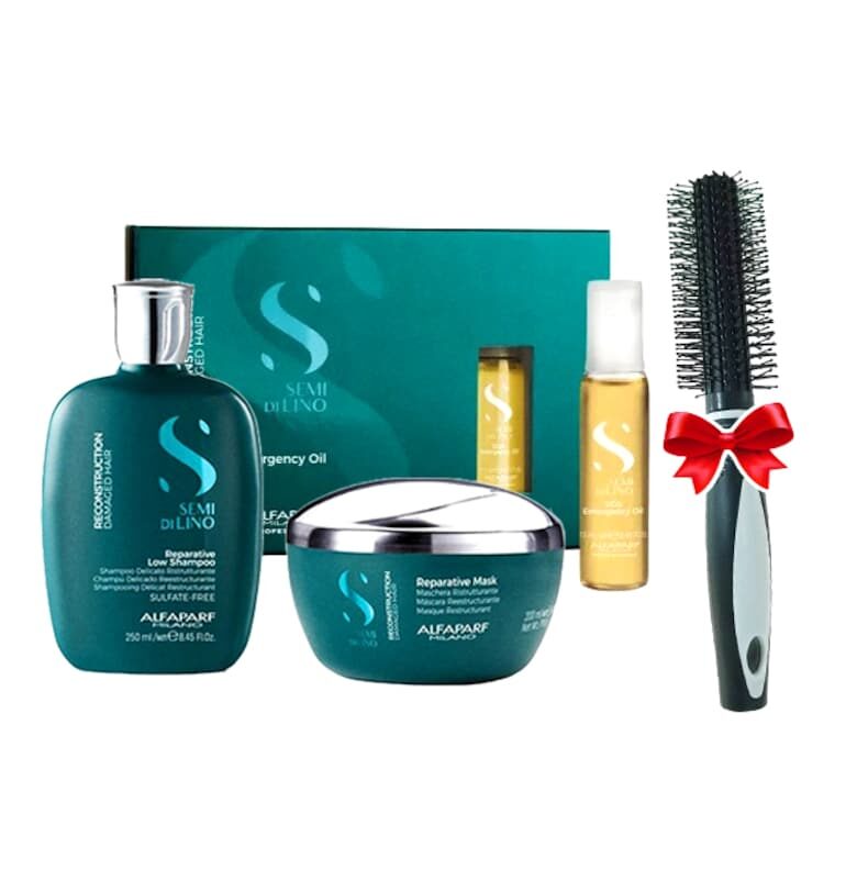 Комплект  Semi Di Lino Reconstruction с 250 ml шампоан - 200 ml маска - 6x13 ml серум и кръгла четка Alfaparf