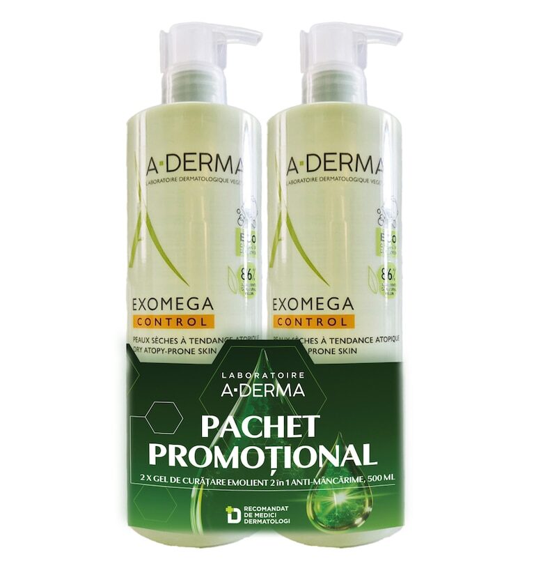 Комплект Измиващ гел 2 в 1 Exomega Control  Суха кожа - атопична 500 мл x 2 A-Derma