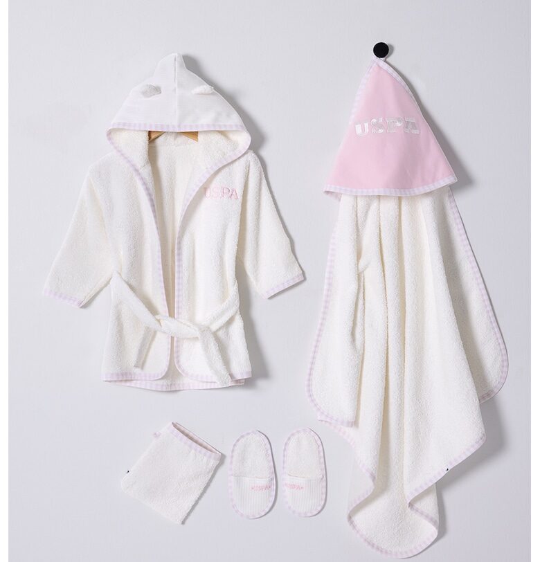Комплект  Чехли - Халат с качулка и кърпа - 4 броя - Пастелнорозов/Мръснобял US Polo Assn
