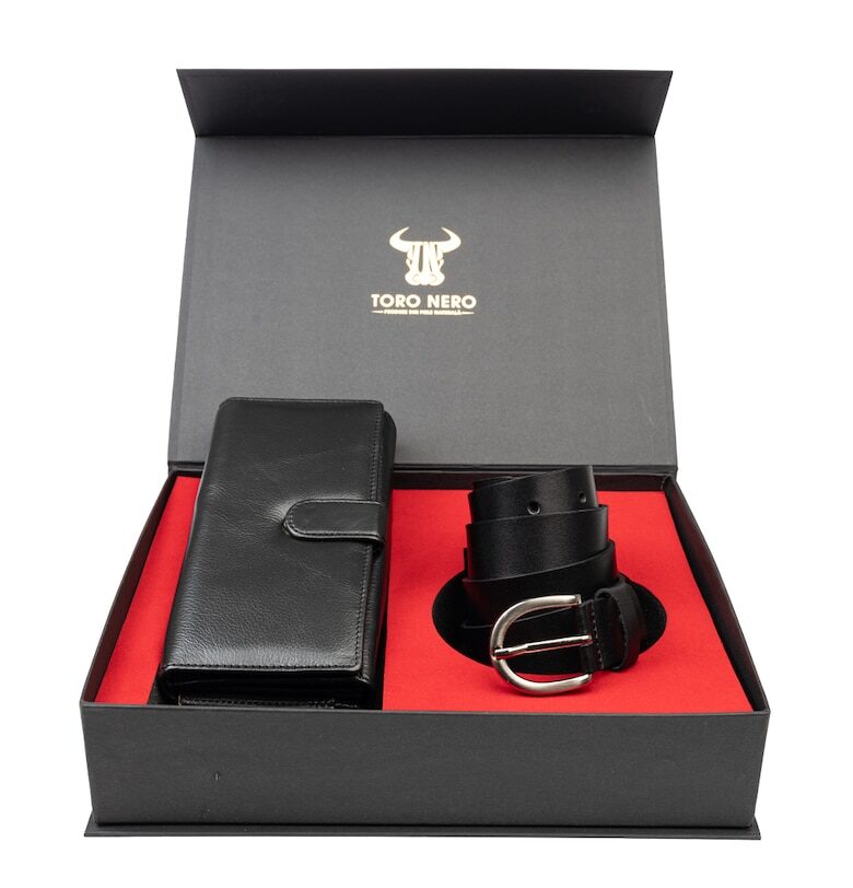 Комплект дамски портфейл и колан - естествена кожа - черен - Reset-Middle Toro Nero