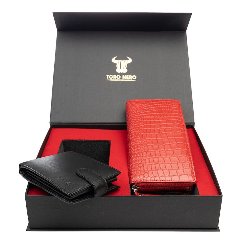 Комплект дамски портфейл и мъжки портфейл естествена кожа червен Gia-Viki Toro Nero