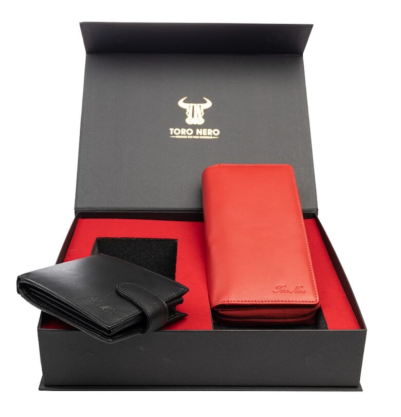 Комплект дамски портфейл и мъжки портфейл - естествена кожа - червен - Gina-Viki Toro Nero