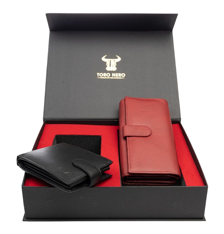 Комплект дамски портфейл и мъжки портфейл естествена кожа черно-червен Reset-Viki Toro Nero