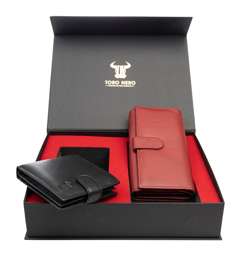 Комплект дамски портфейл и мъжки портфейл - естествена кожа - черно-червено - Reset-Vita Opzioni Toro Nero