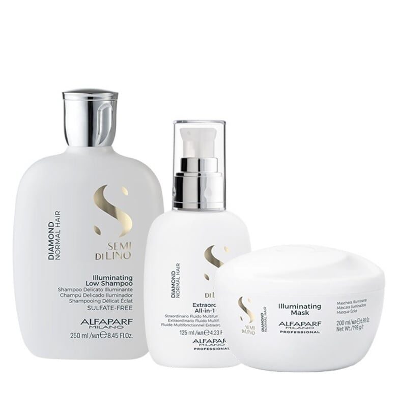 Комплект за блясък  Semi Di Lino Diamond Illuminating with Shampoo - 250 ml - Маска - 200 ml и Флуид за блясък - 125 ml Alfaparf