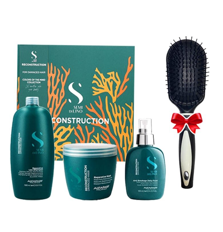 Комплект за възстановяване на  Semi Di Lino с 1000 мл шампоан - 500 мл маска - 125 мл възстановяващ флуид - четка за коса Alfaparf