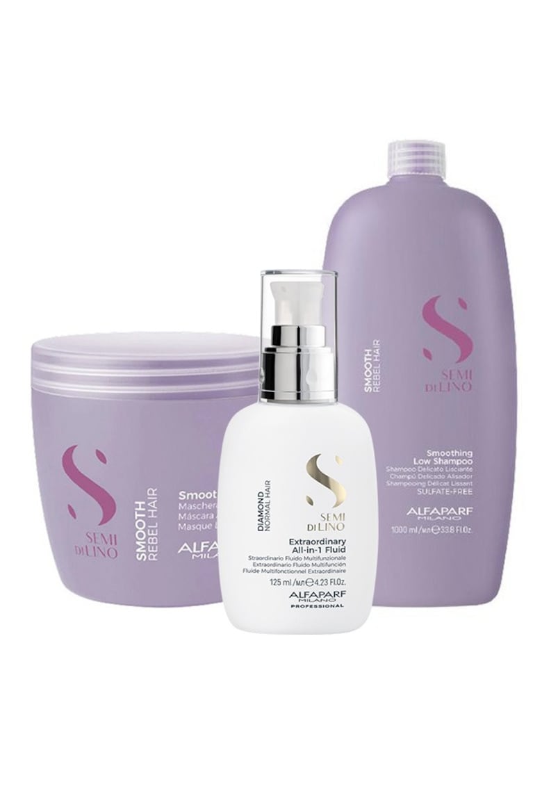 Комплект за изглаждане Milano Semi Di Lino Shampoo - 1000 ml - Маска - 500 ml и Флуид за блясък All-in-1 Diamond Illuminating - 125 ml Alfaparf