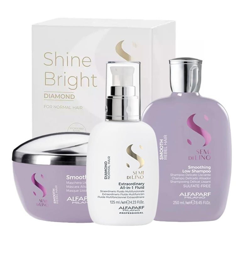 Комплект за изглаждане  Milano Semi Di Lino Shampoo - 250 ml - Маска - 200 ml и Флуид за блясък All-in-1 Diamond Illuminating - 125 ml Alfaparf