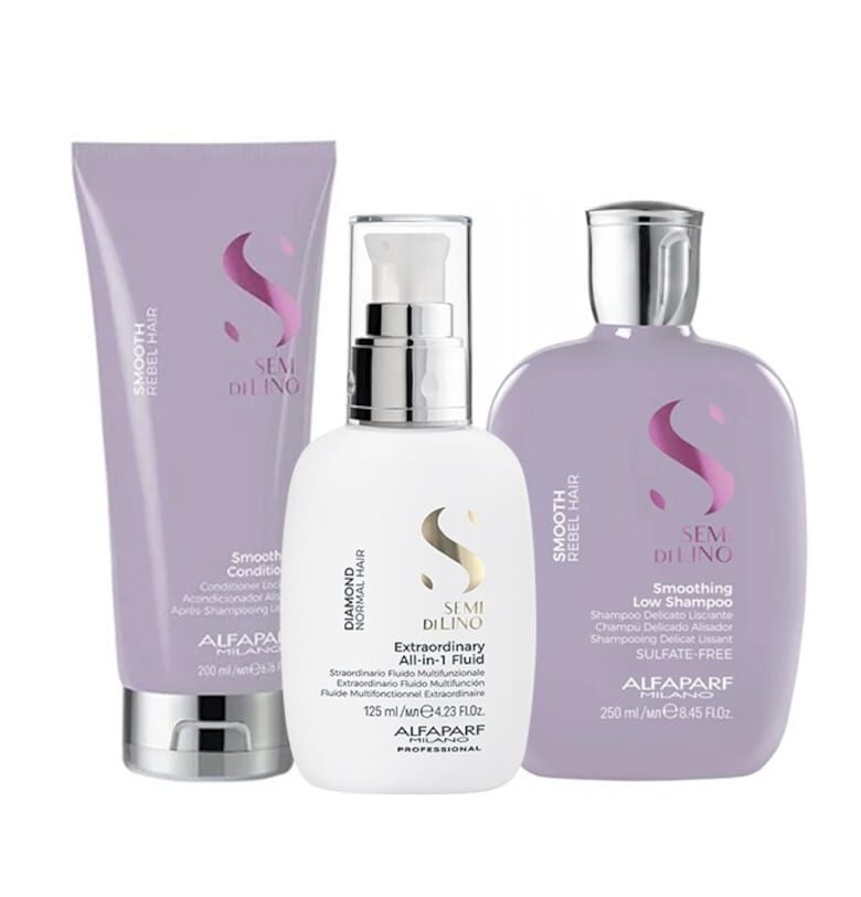 Комплект за изглаждане  Milano Semi Di Lino Shampoo - 250 ml и Балсам 200 ml и All-in-1 Diamond Illuminating Shine Fluid - 125 ml Alfaparf