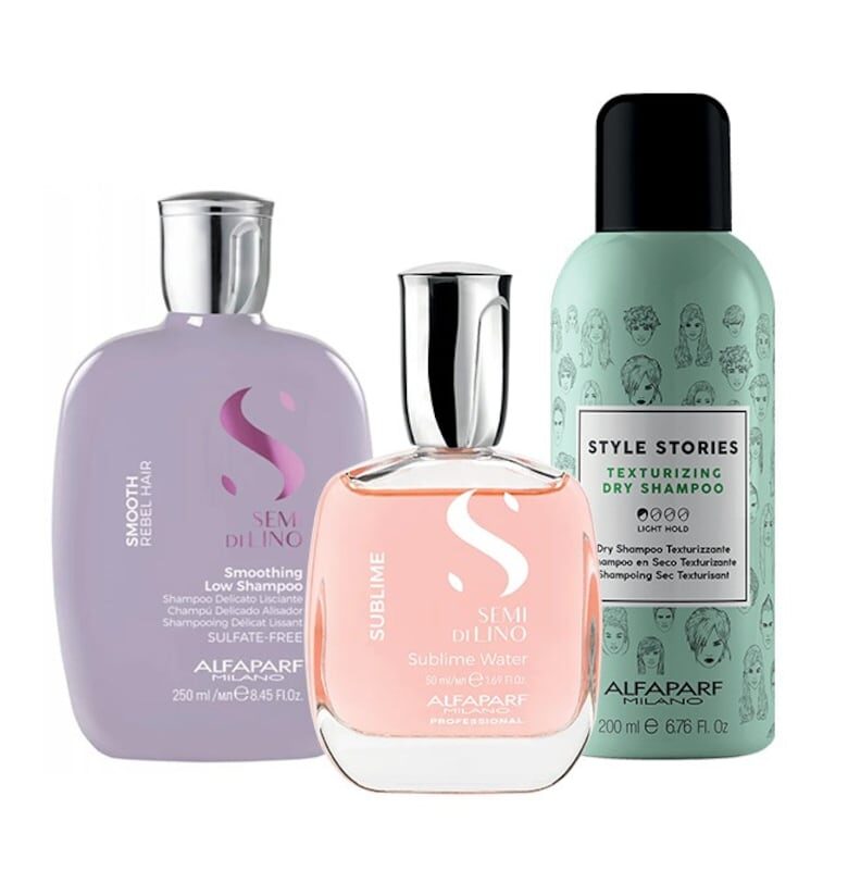 Комплект за изглаждане  Milano Semi Di Lino Shampoo - 250 мл - сух шампоан Style Stories 200 мл и парфюмирана вода за коса и тяло Sublime Water 50 мл Alfaparf