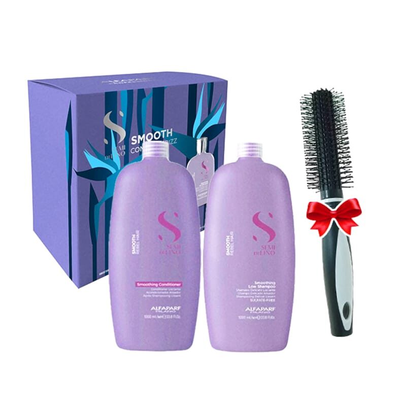 Комплект за изглаждане  Milano Semi Di Lino Шампоан за изглаждане 1000 ml + Балсам 1000 ml + Кръгла четка Alfaparf