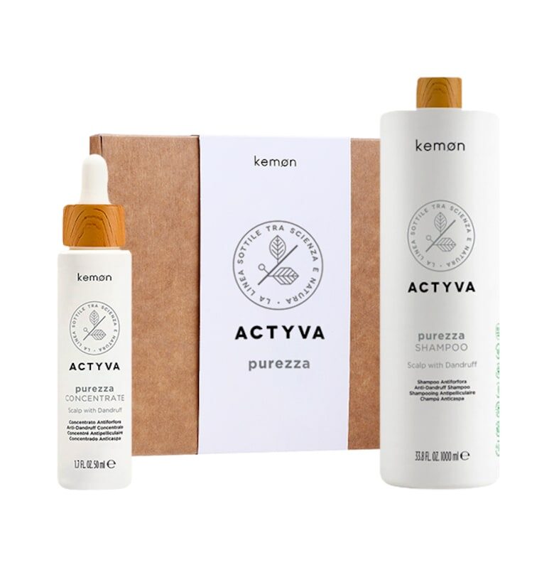 Комплект за почистване на скалпа  Actyva Purezza - Шампоан 1000 мл - Лечение 50 мл Kemon