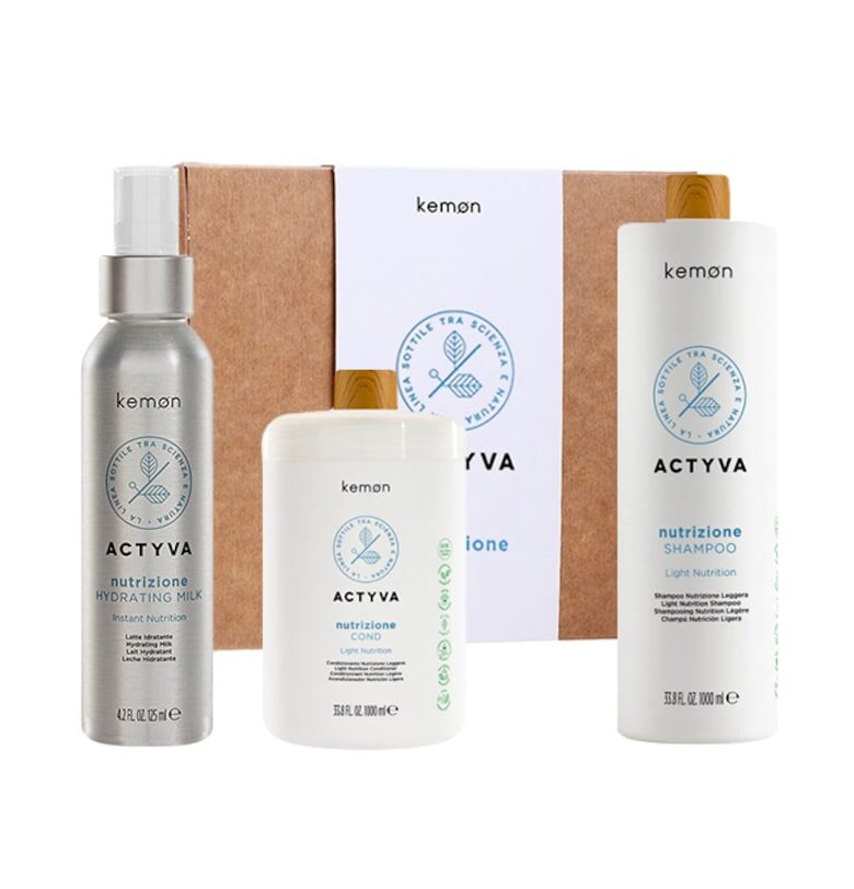 Комплект за хидратация  Actyva Nutrizione - Шампоан 1000 мл - Балсам 1000 мл - Мляко 125 мл Kemon