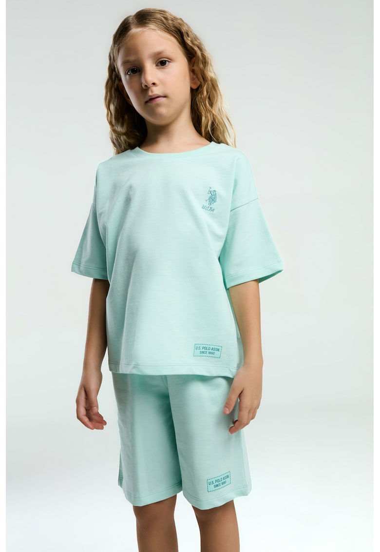 Комплект от тениска и шорти с памук - лого - 2 части - Ментово зелено US Polo Assn