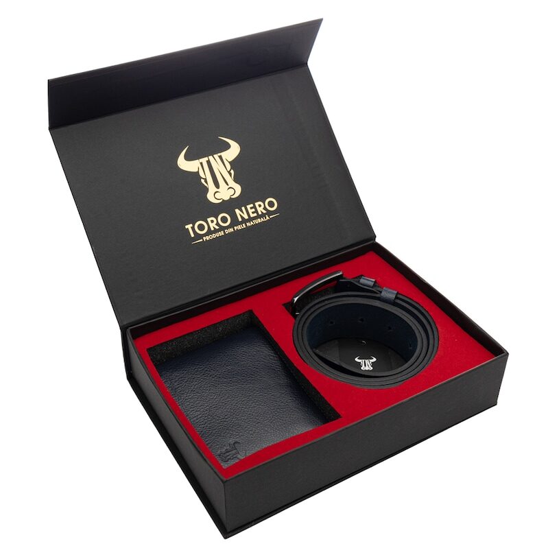 Комплект портфейл и колан - мъжки - от естествена кожа - син - Sensation xxl Toro Nero