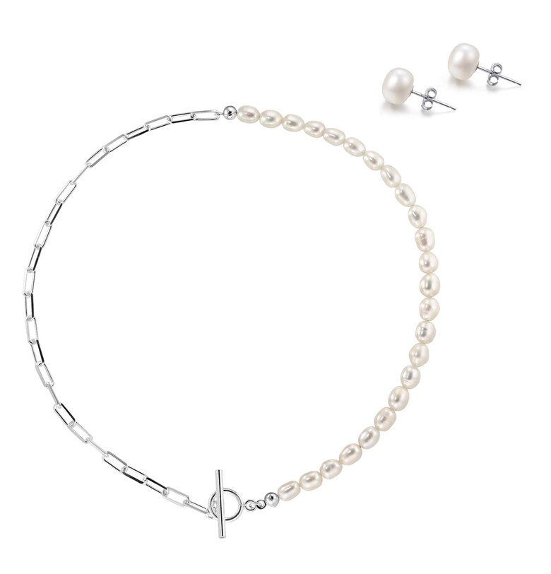 Комплект сребърни обеци 925 с култивирани перли и сребърно колие 925 с бели култивирани перли 6.5мм + верижка paperclip - закопчалка toggle S e-Crystal