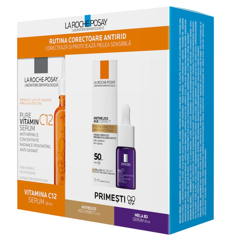 Комплект терапия за лице : Серум с витамин C12 - 30 мл + Серум Mini Mela B3 - 10 мл + Anthelios UVD Age Correct 50+ - 15 мл La Roche-Posay