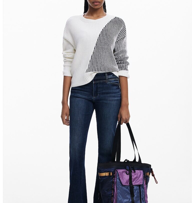 Контрастен пуловер с памук - Бял/Черен DESIGUAL