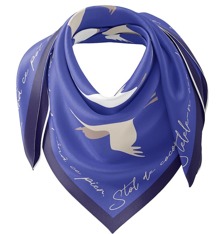 Копринен шал с десен - Светло сив/Бял/Индигово синьо ROZMARIN CONCEPT