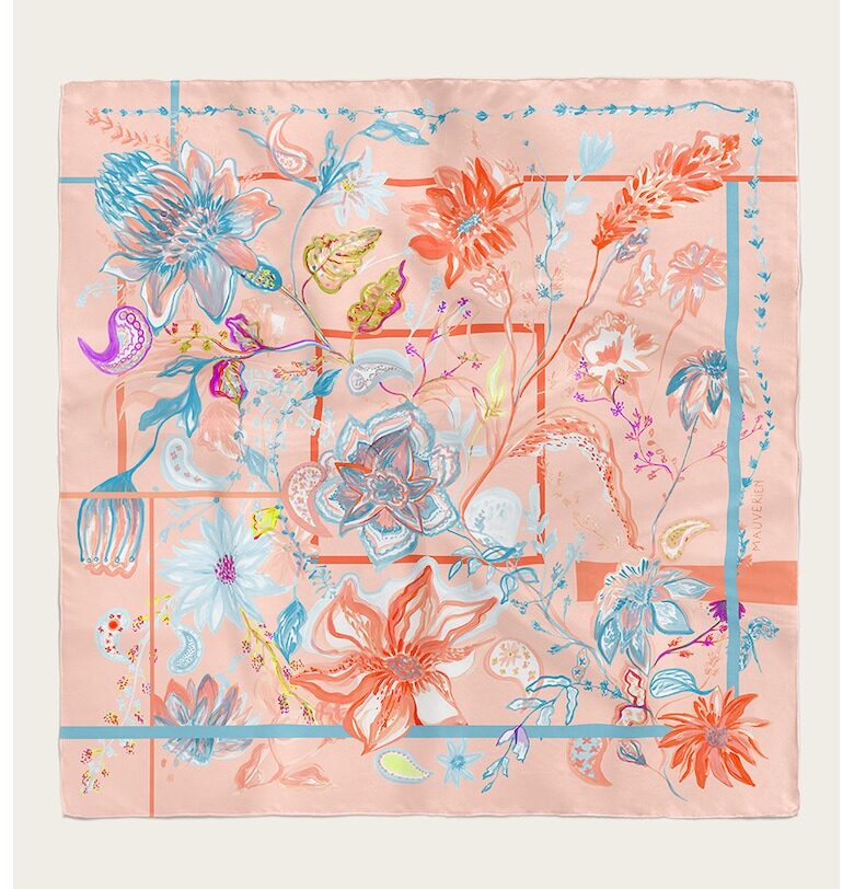 Копринен шал с принт - Жълт/Праскова/Син Mauverien