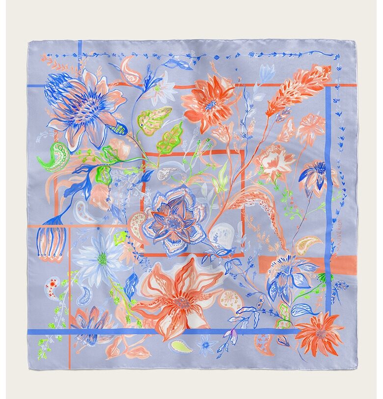 Копринен шал с принт - Зелен/Оранжев/Син Mauverien