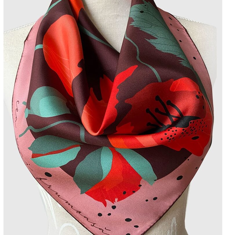 Копринен шал с флорален десен - Бордо/Аленочервен/Аква зелено ROZMARIN CONCEPT