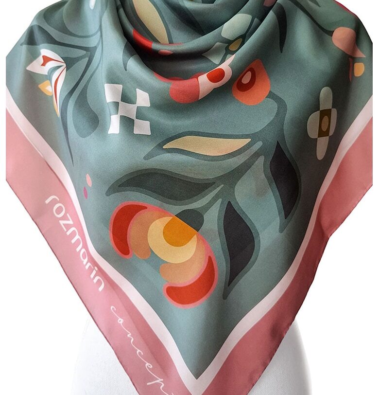 Копринен шал с флорален принт - Червен/Оранжев/Бледозелен ROZMARIN CONCEPT