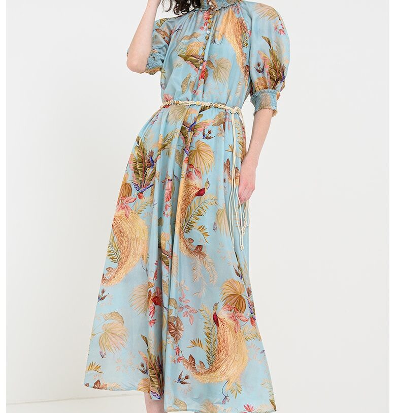 Копринена разкроена рокля - Аквамарин синьо/Корал/Светлозелен ZIMMERMANN