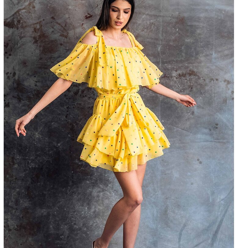 Копринена рокля Vale на волани - Жълт MIAU by Clara Rotescu