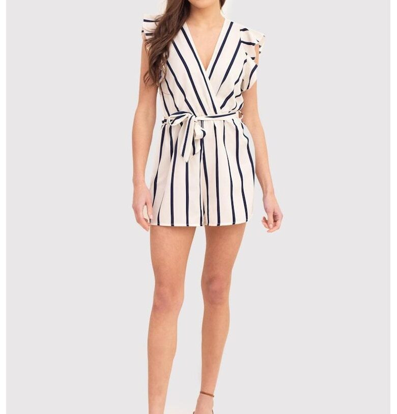 Кремав къс гащеризон с тъмносини райета PA618 - Бял Ax Paris