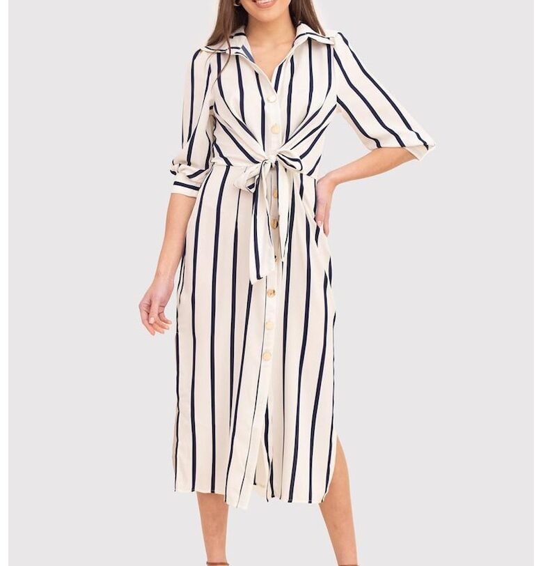 Кремава раирана миди рокля с копчета и 3/4 ръкави DA1794 CREAM/NAVY - Бял Ax Paris