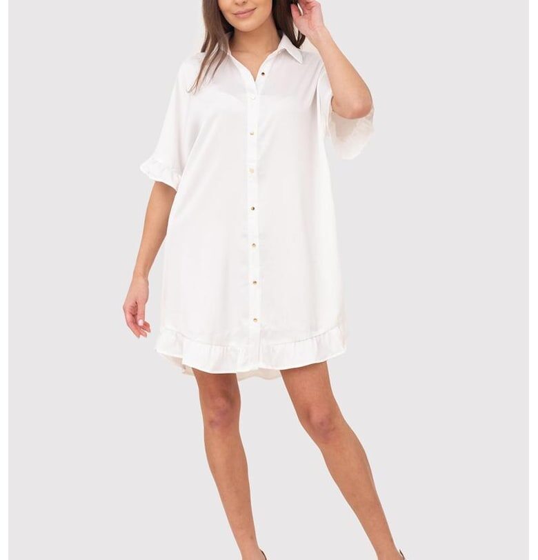 Кремава рокля тип риза с волани и златни копчета DA1774 CREAM - Бял Ax Paris