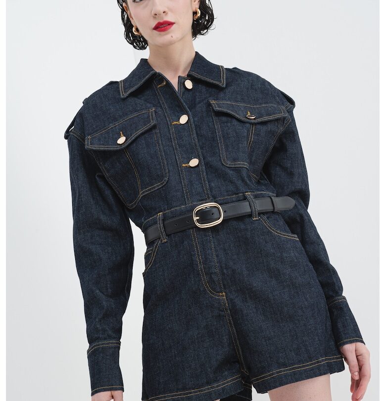 Къс гащеризон от деним с джобове - Тъмносин SELF-PORTRAIT