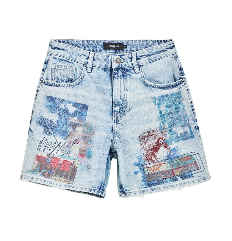 Къс панталон от деним с принт - Прашно синьо DESIGUAL