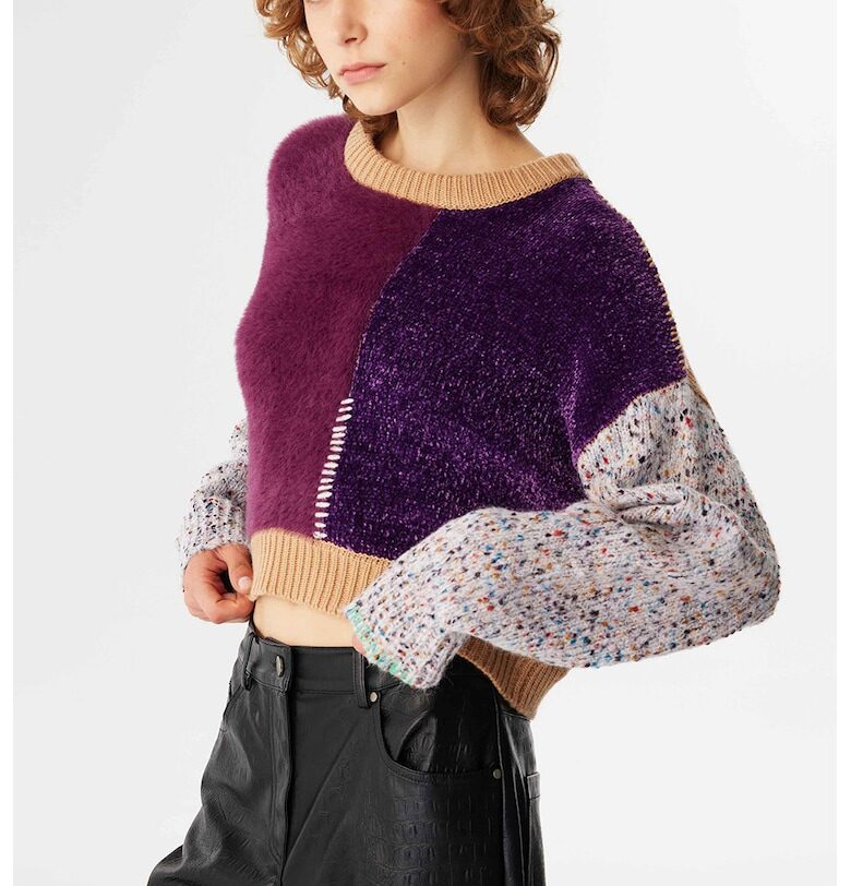 Къс пуловер с вълна - Бял/Виолетов/Камел TWIST
