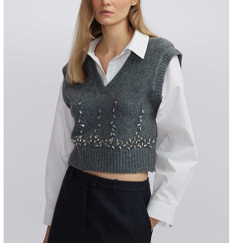 Къс пуловер с дизайн 2 в 1 и декоративни камъни - Бял/Сив меланж Ipekyol