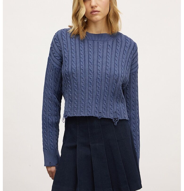 Къс пуловер с плетка осморка - Прашно синьо Motivi