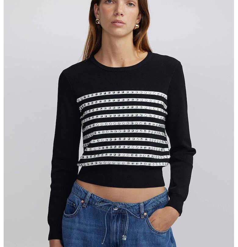 Къс раиран пуловер с декоративни камъни - Бял/Черен Ipekyol