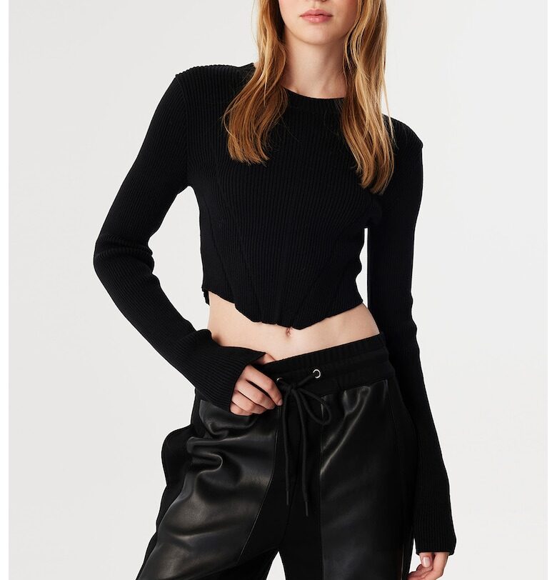 Къс рипсен пуловер - Черен TWIST