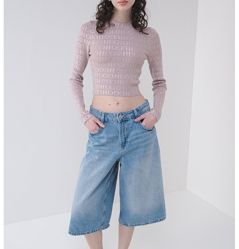 Къс слим пуловер Soil - Прашно розово/Сребрист HUGO