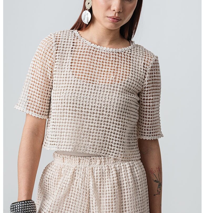 Къса ажурена тениска Faville - Светло бежово MaxCo